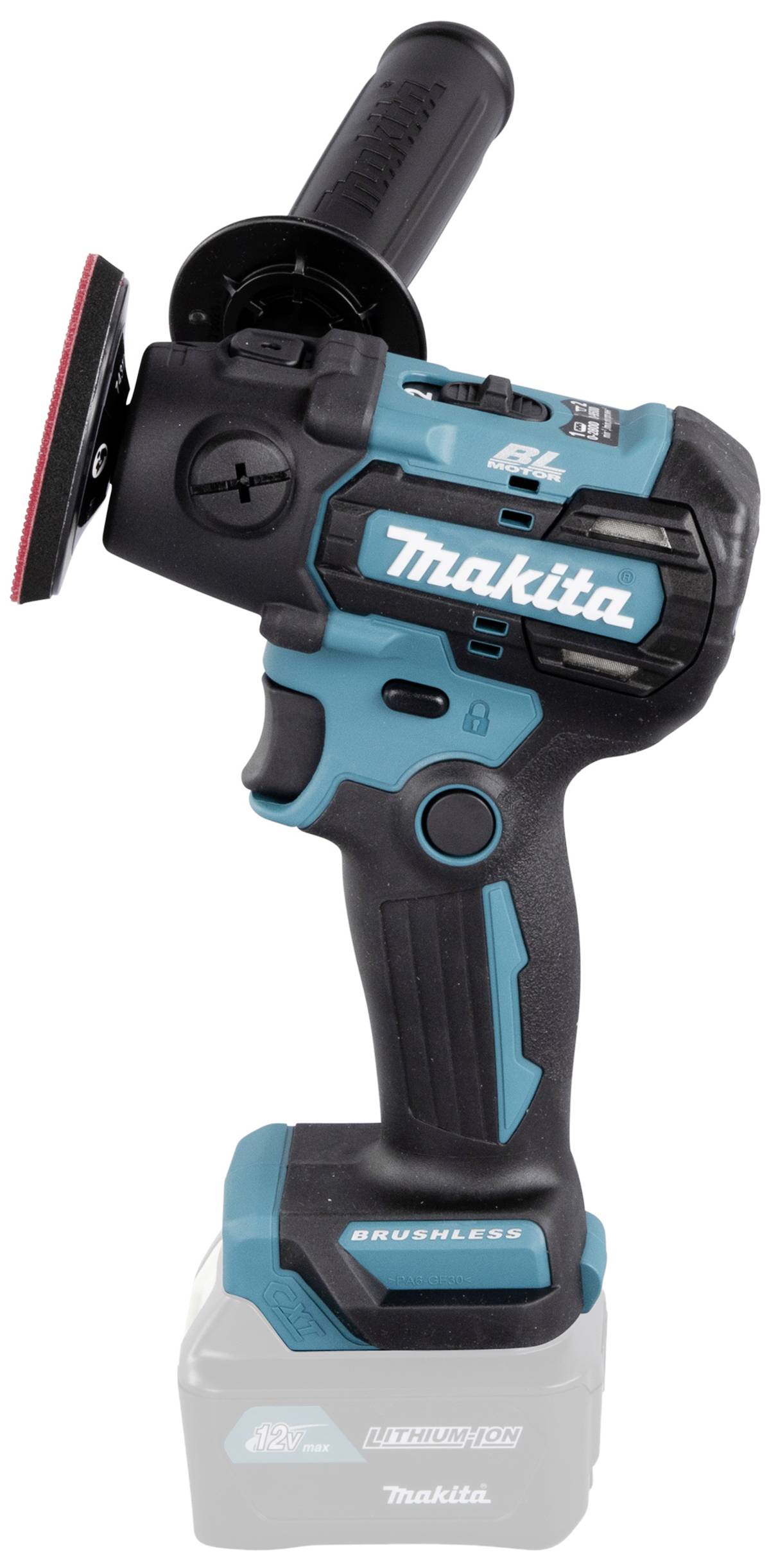 Ein Akku-Winkelschleifer mit blau-schwarzem Gehäuse und ergonomischem Griff, Markenname auf der Seite sichtbar.