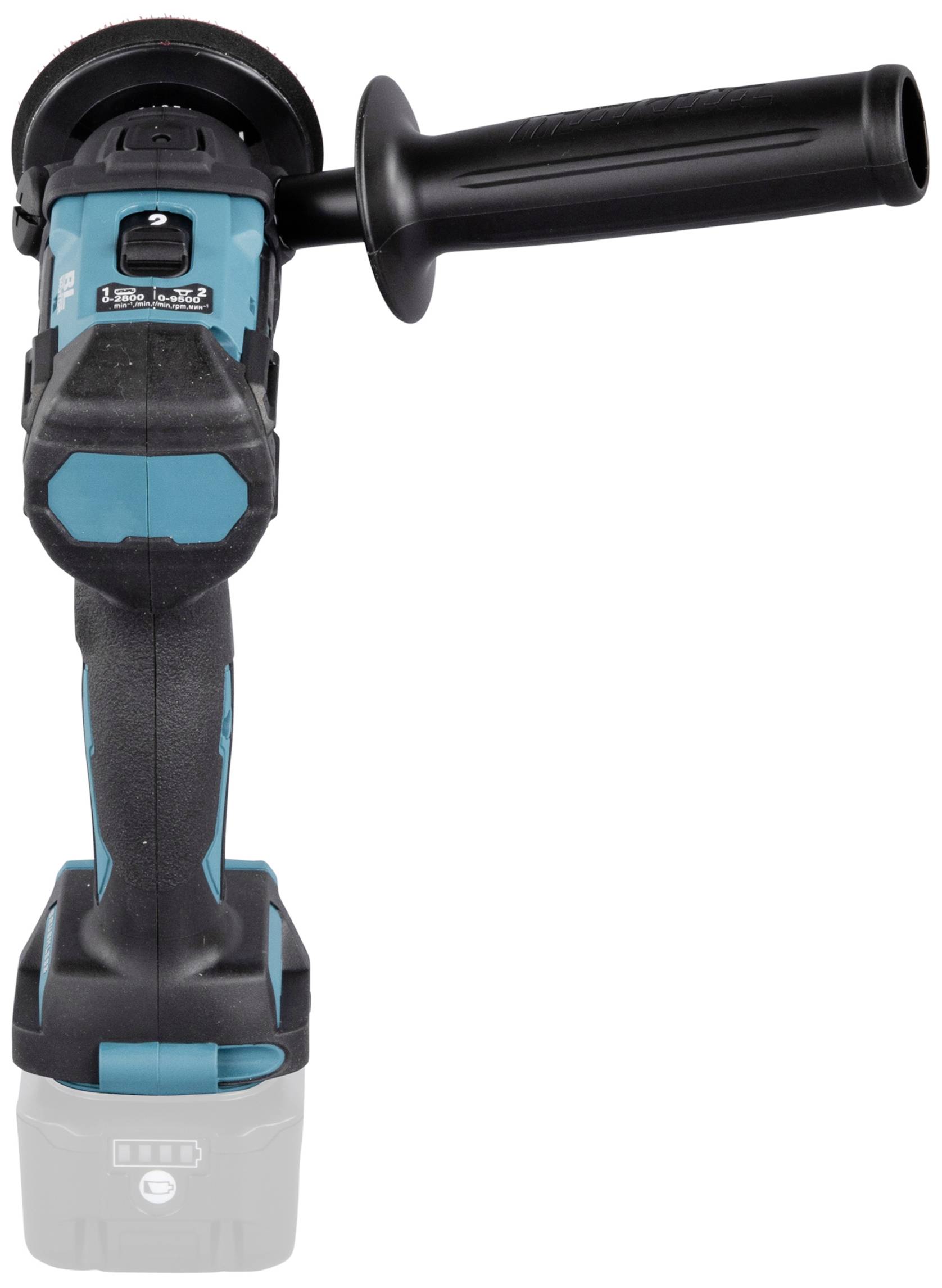 Eine kabellose Winkelschleifmaschine mit schwarzem Griff und hellblauen Akzenten, von vorne gesehen. Geeignet für Schneidarbeiten.