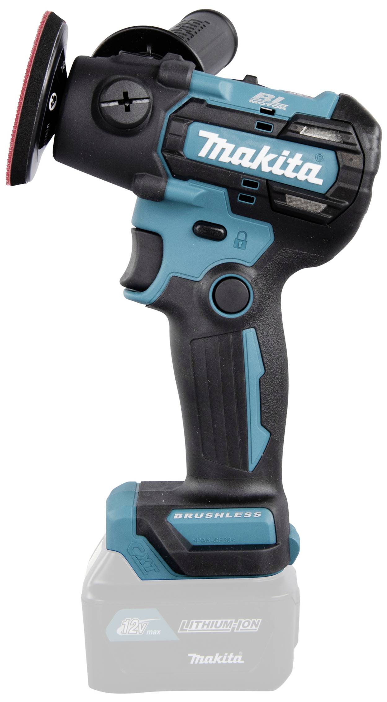 Ein kabelloses, blau-schwarzes Makita-Werkzeug mit ergonomischem Griff. Es hat eine Schleifscheibe und einen Lithium-Ionen-Akku.