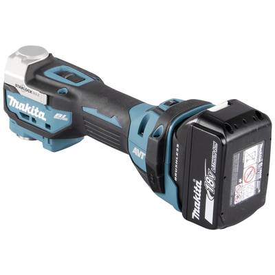 Kabelloses blau-schwarzes Elektrowerkzeug von Makita, 18V-Akku hinten, seitlicher Schalter, kompakte Bauweise.