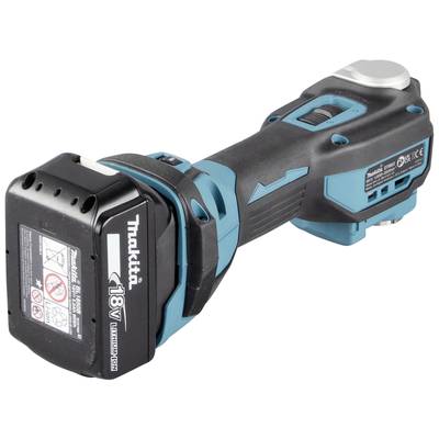 Ein blauer und schwarzer kabelloser Winkelschleifer mit einer 18V Lithium-Ionen-Batterie und mehreren Tasten zur Bedienung.