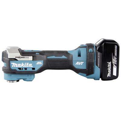 Eine blaue, kabellose Makita Akkumaschine mit 18V Lithium-Ionen-Akku. 'Starlock Max' Befestigungssystem.