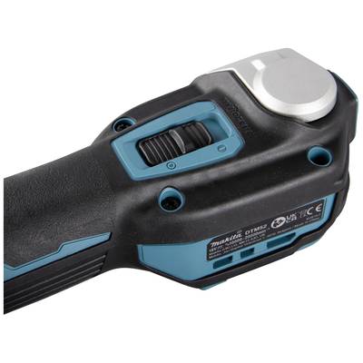 Nahaufnahme eines kabellosen Elektrowerkzeugs mit einem blauen und schwarzen Gehäuse und einem Schalter zur Geschwindigkeitsregelung.