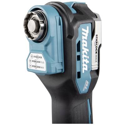 Ein Makita-Werkzeug mit Starlock Max-Aufnahme, geeignet für verschiedene Aufsätze. Es ist in Schwarz und Blau gehalten.