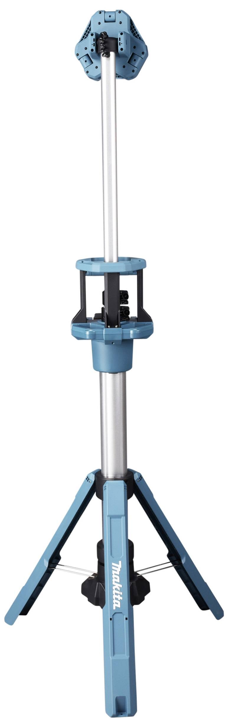 Ein blaues, dreibeiniges Stativ mit verstellbarem Aluminiumrahmen und einem Befestigungselement oben, geeignet für Bauzwecke.