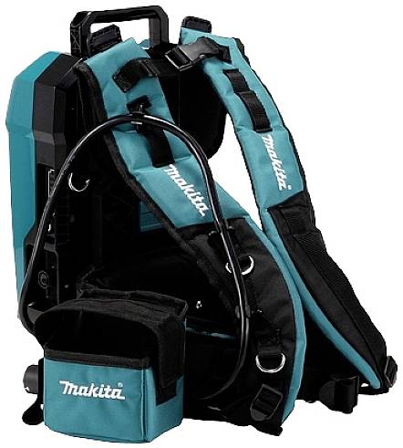 Ein tragbarer Akkusauger mit Schultergurten. Entworfen für flexible Reinigungseinsätze, gekennzeichnet mit dem Markennamen.