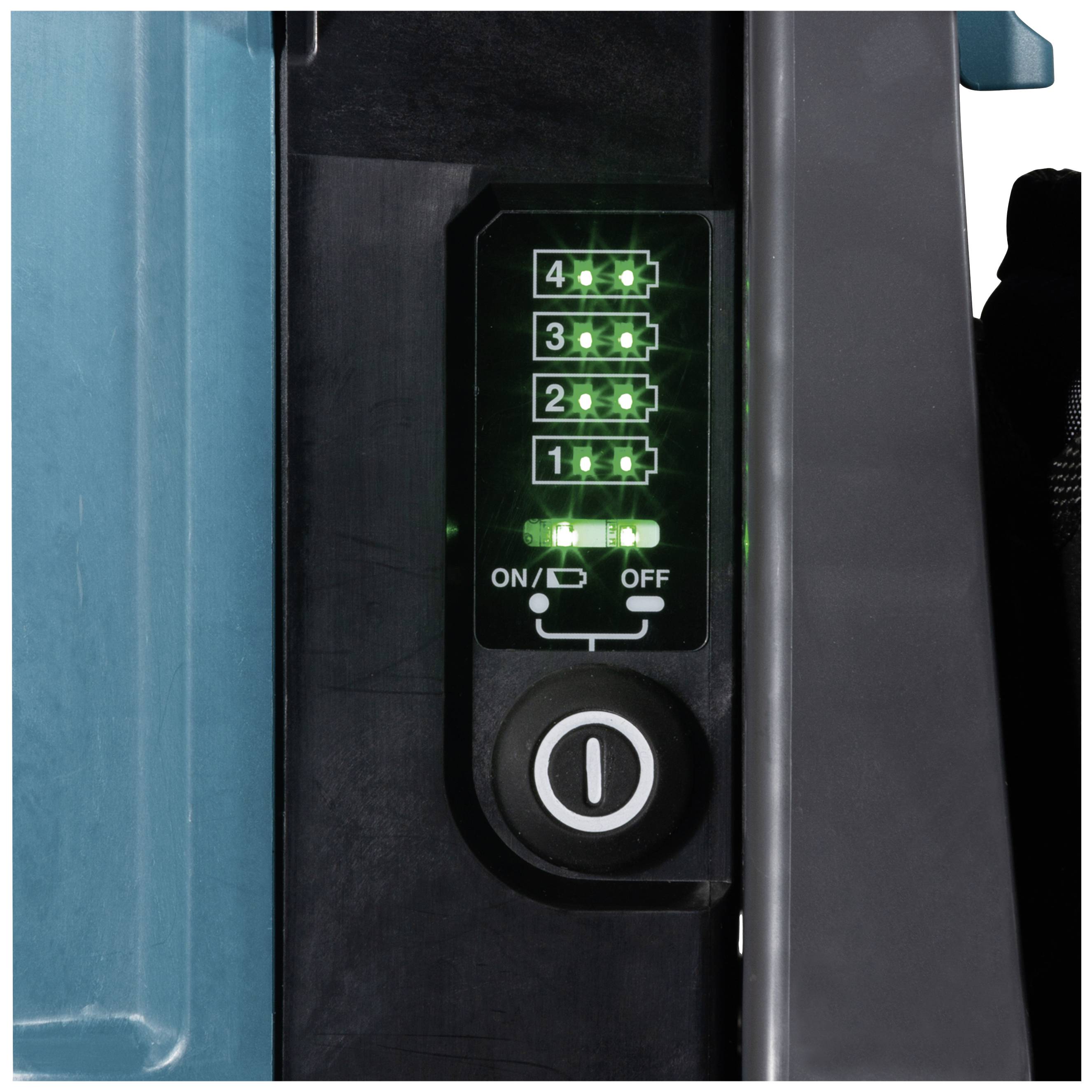 Sicht auf ein elektronisches Gerät mit vier LED-Anzeigen und einem Ein-/Aus-Schalter. Die LEDs zeigen Betriebszustände oder Ladezustände an.