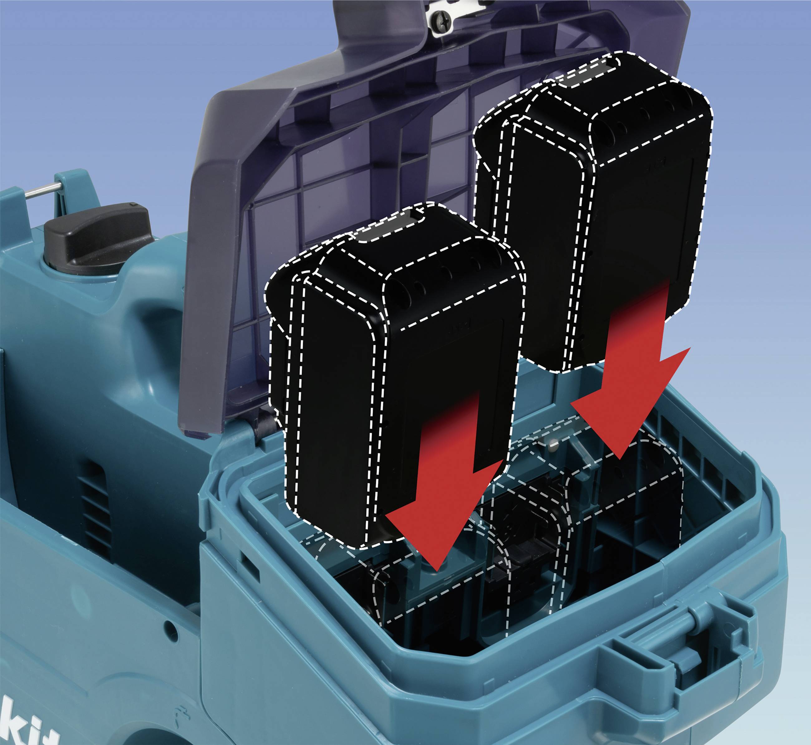 Ein geöffneter Werkzeugkoffer mit zwei oben platzieren Taschen zeigt einen Mechanismus, um die Taschen sicher zu verstauen.