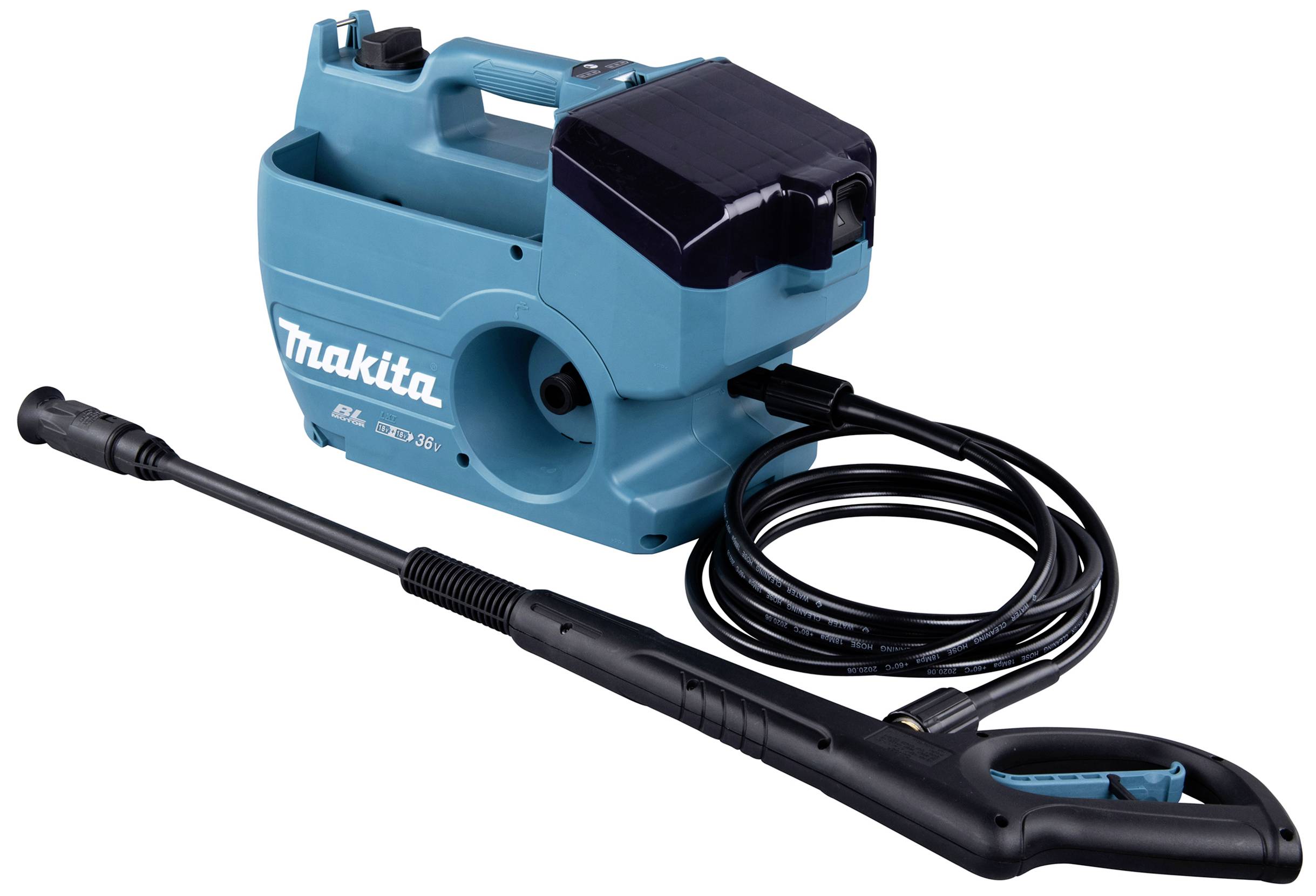 Ein tragbarer, blauer Hochdruckreiniger mit Schlauch und Sprühpistole, geeignet für Reinigungsaufgaben im Freien.