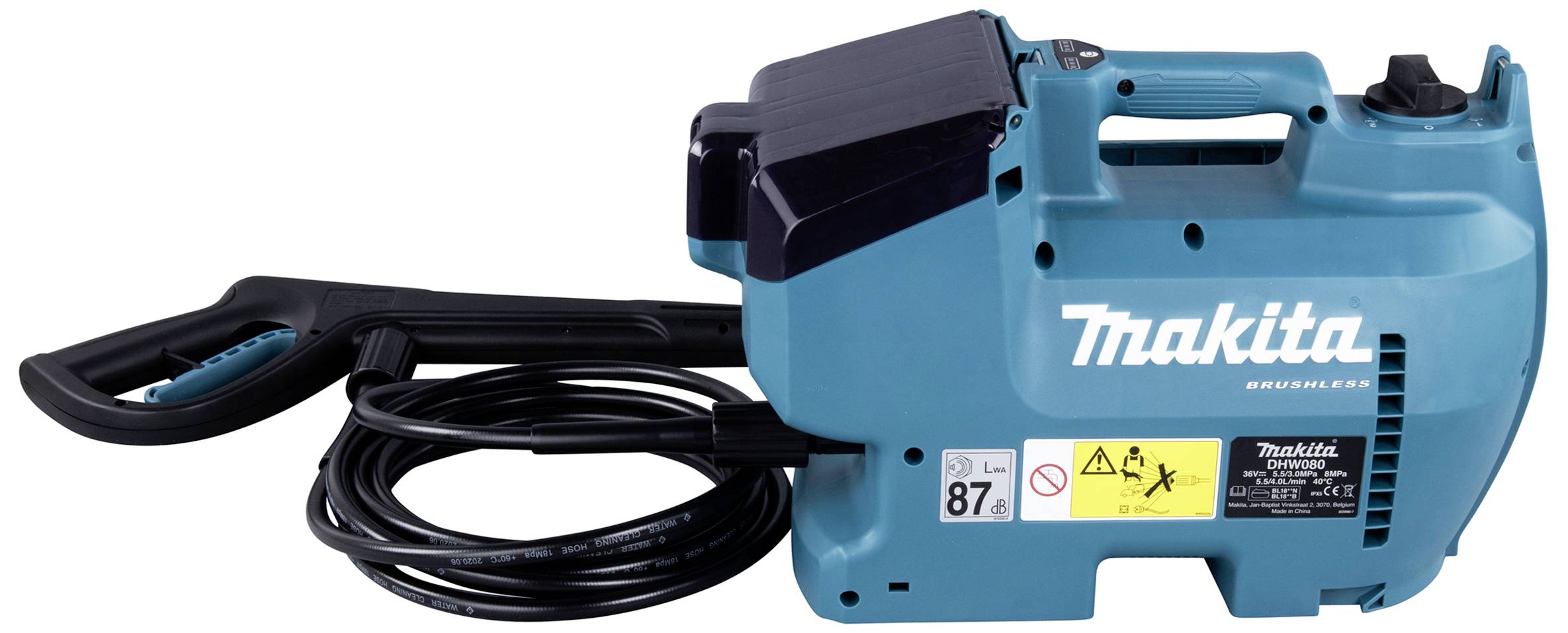 Ein blauer Hochdruckreiniger von Makita mit Kabel und Griff. Mehrere Sicherheitshinweise und das Logo sind auf der Seite sichtbar.