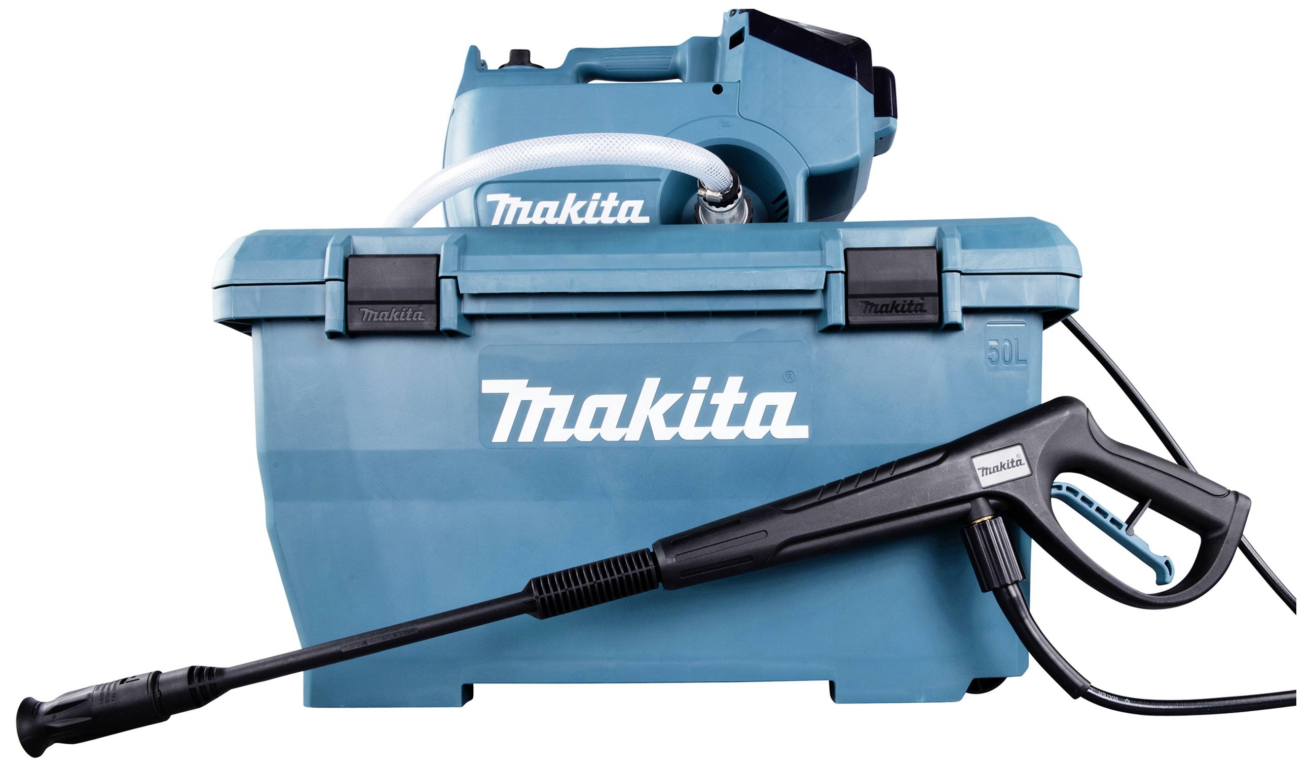 Blauer Makita Hochdruckreiniger mit Wasserbehälter und Sprühpistole, für Reinigung im Außenbereich.