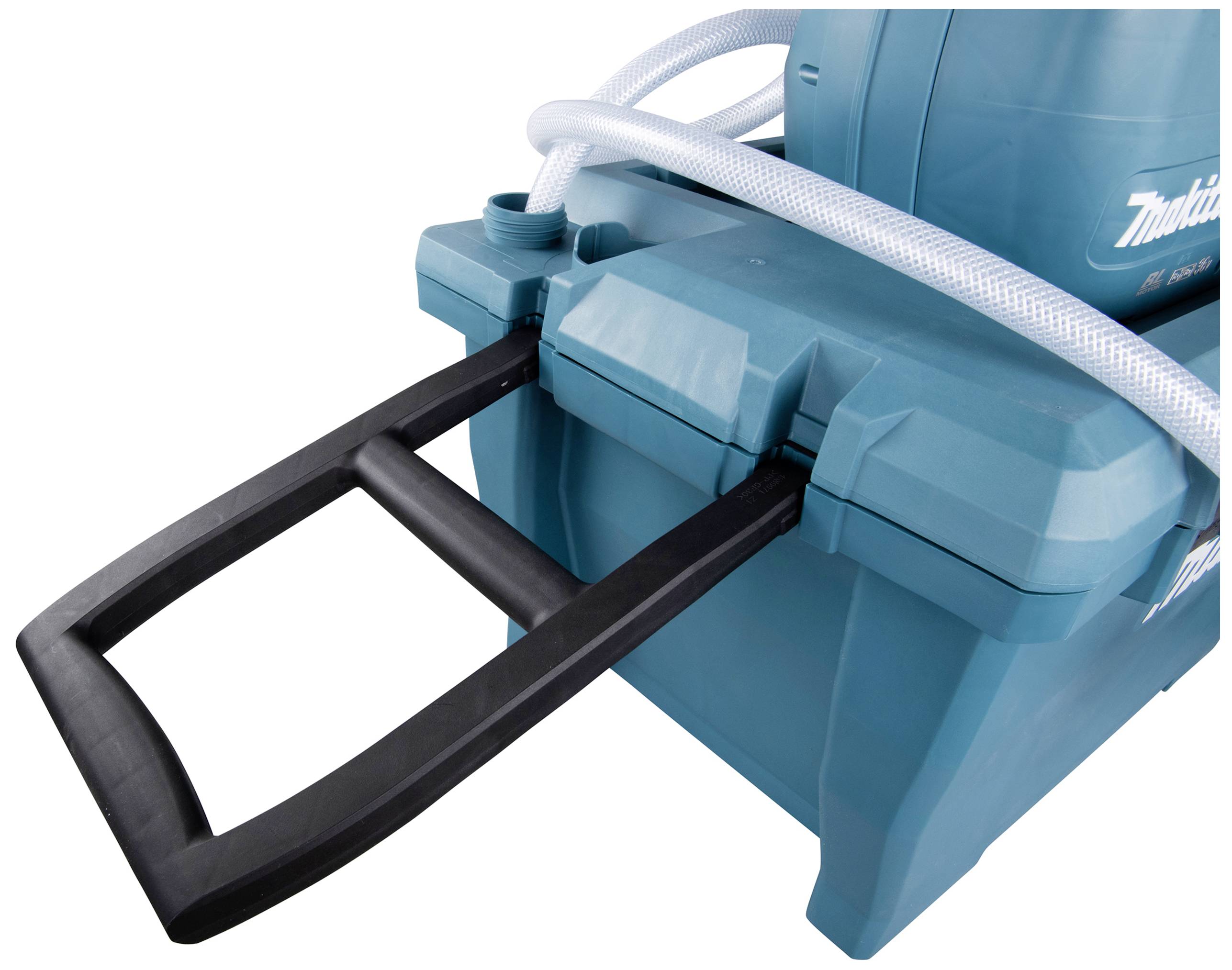 Mobiler Industriestaubsauger in blau mit Handgriff, Schlauch und Rollen. Designed für Werkstatt-Einsatz.