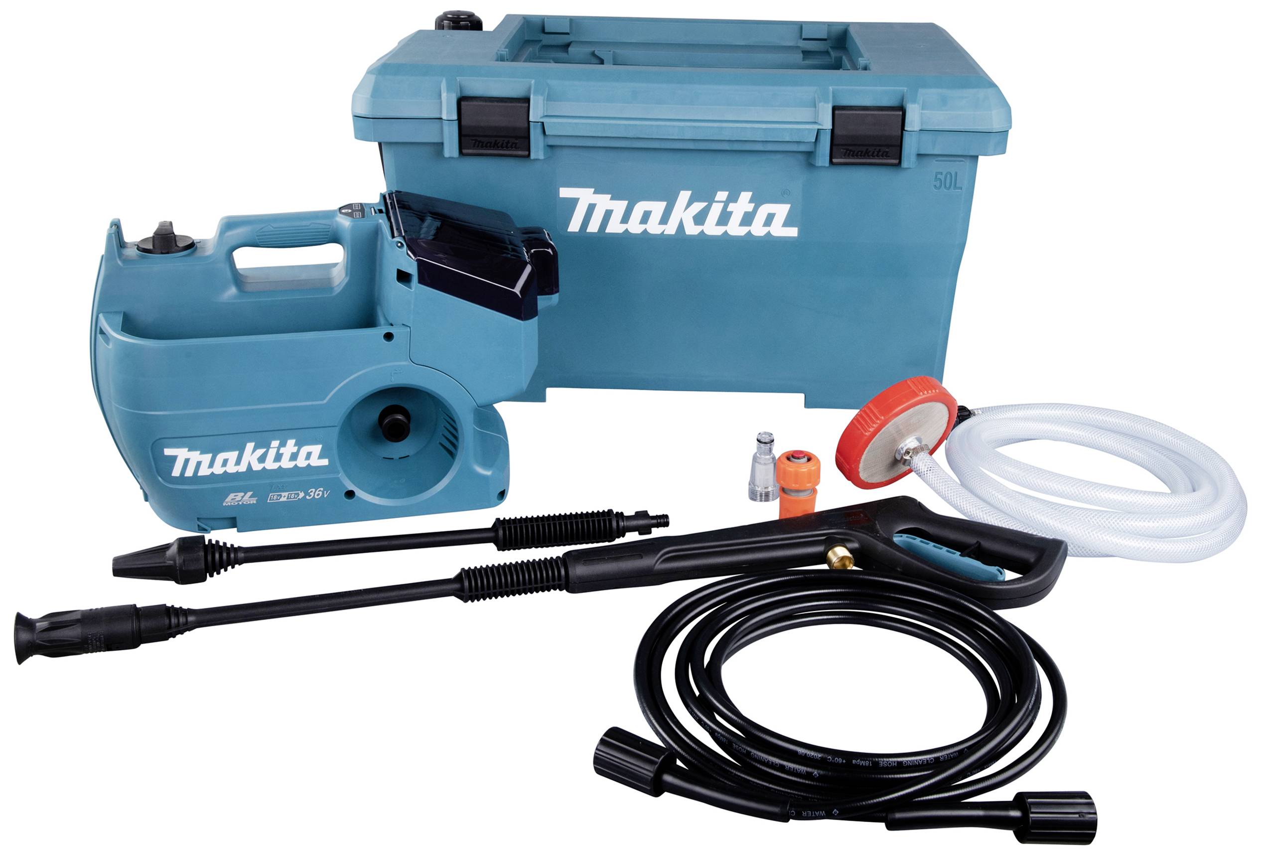 Makita Hochdruckreiniger-Kit mit Tragetasche, Schläuchen, Spritzpistole und Düsenaufsätzen. Ideal zur vielseitigen Reinigung.