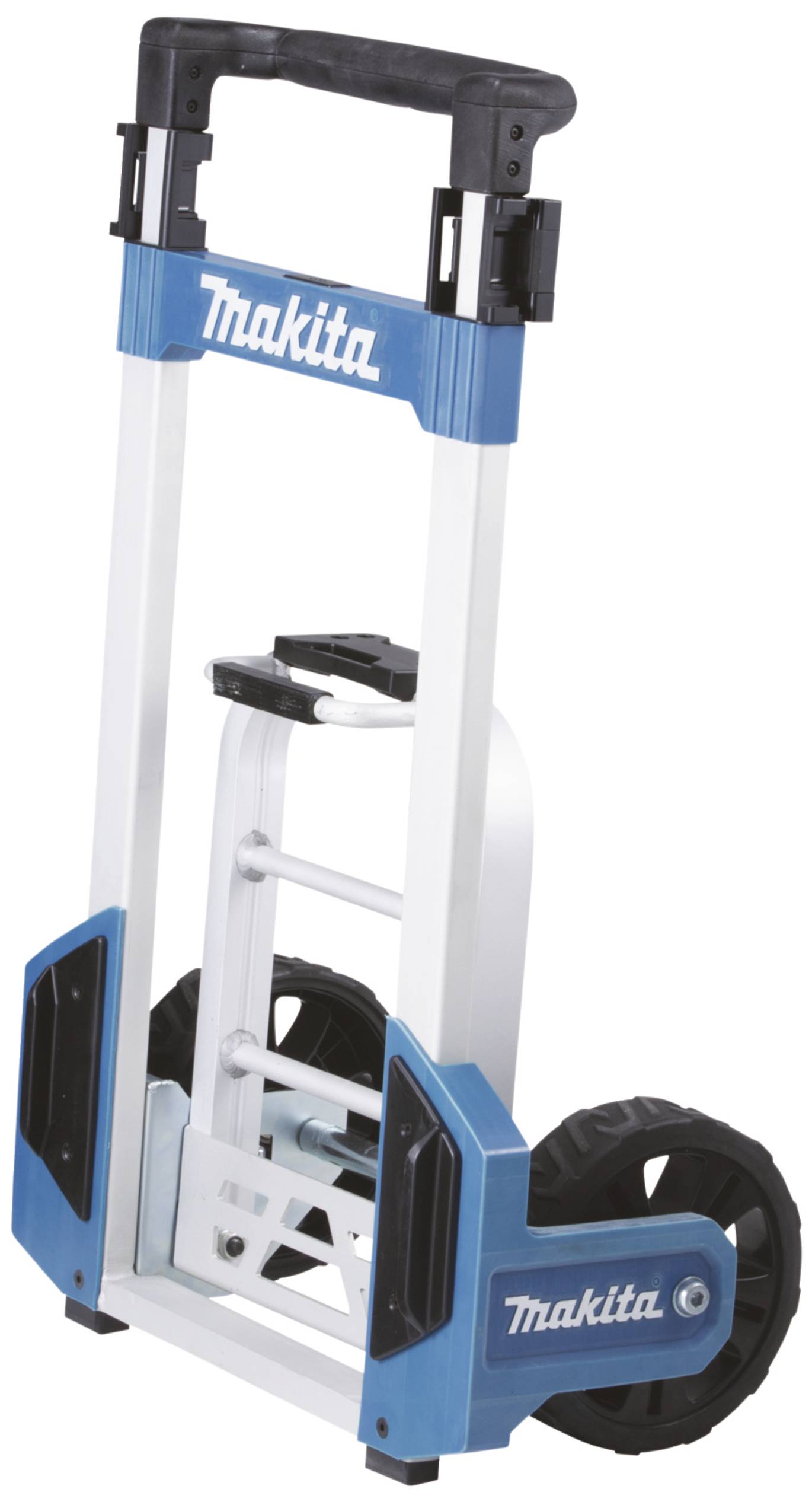 Ein zusammenklappbarer Handwagen von Makita mit großen Rädern und einem ergonomischen Griff. Ideal für den Transport schwerer Güter.