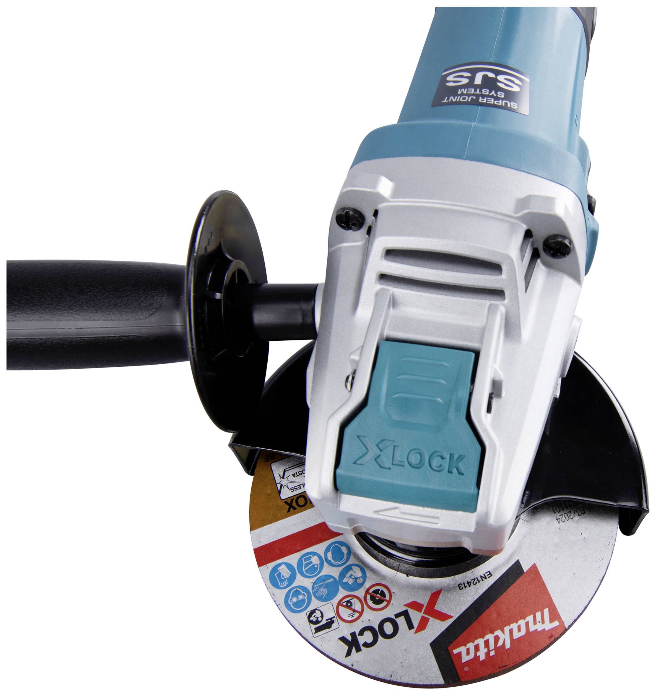 Eine blaue elektrische Winkelschleifmaschine mit einem "Lock"-Knopf und einem scheibenförmigen Schleifwerkzeug, auf einer weißen Oberfläche.