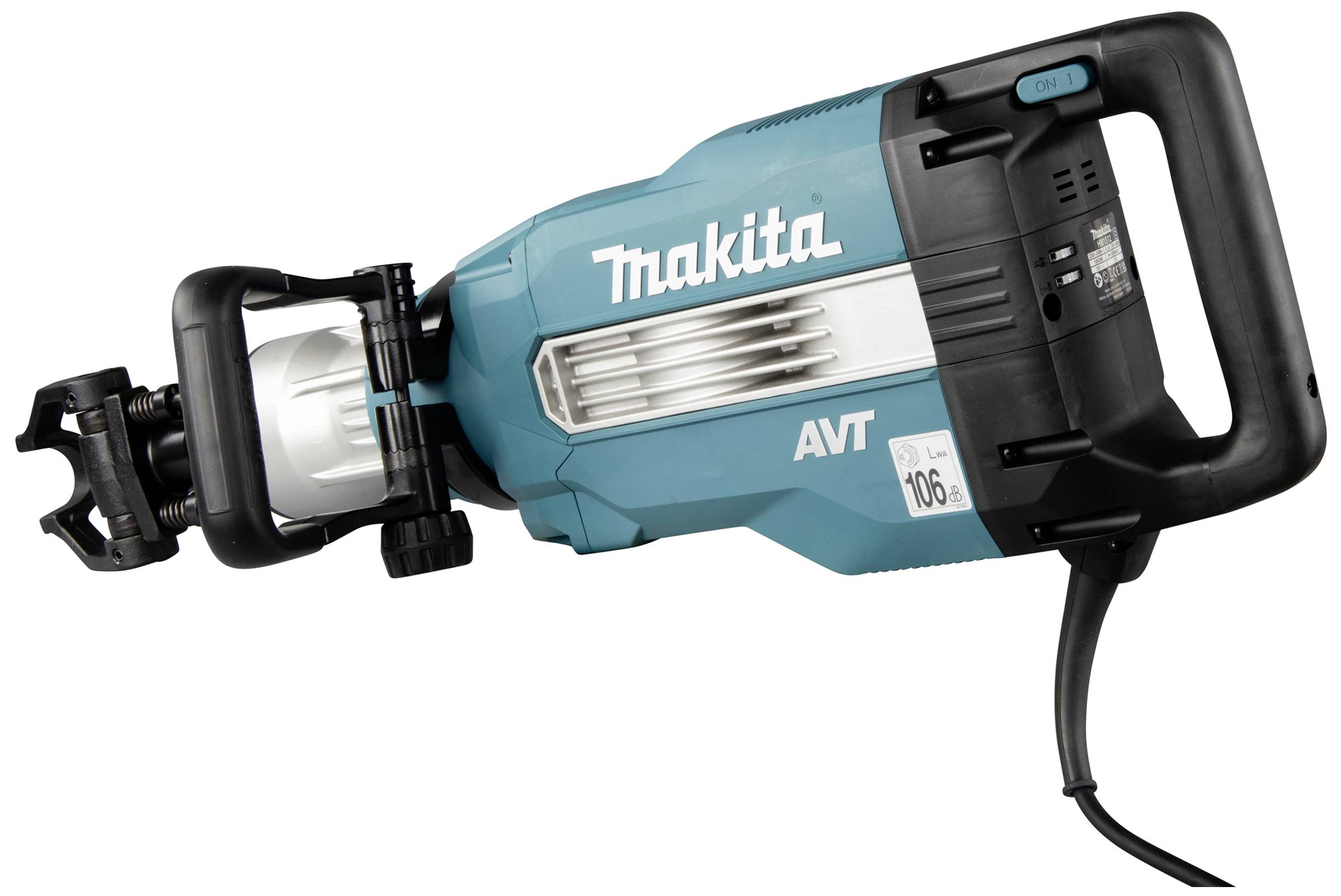 Elektrowerkzeug von Makita, ein blauer Abbruchhammer mit schwarzem Griff und Kabel. Modellnummer 'AVT'.