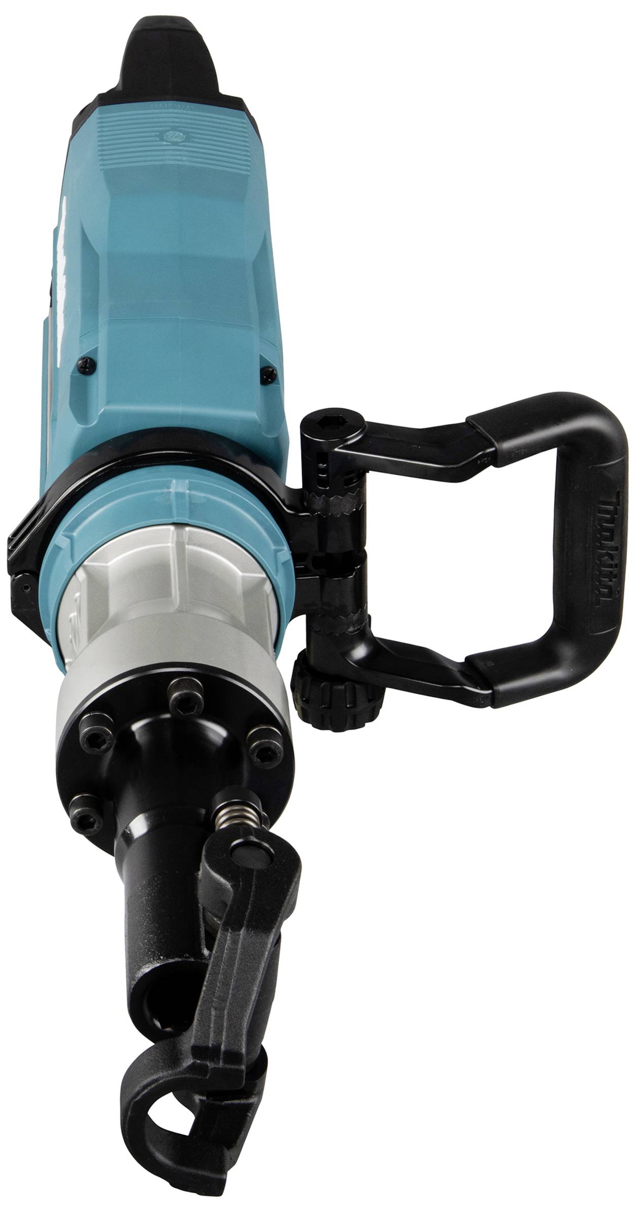 Ein elektrischer Abbruchhammer mit einem blauen Gehäuse und einem schwarzen Handgriff, verwendet für Bauarbeiten.