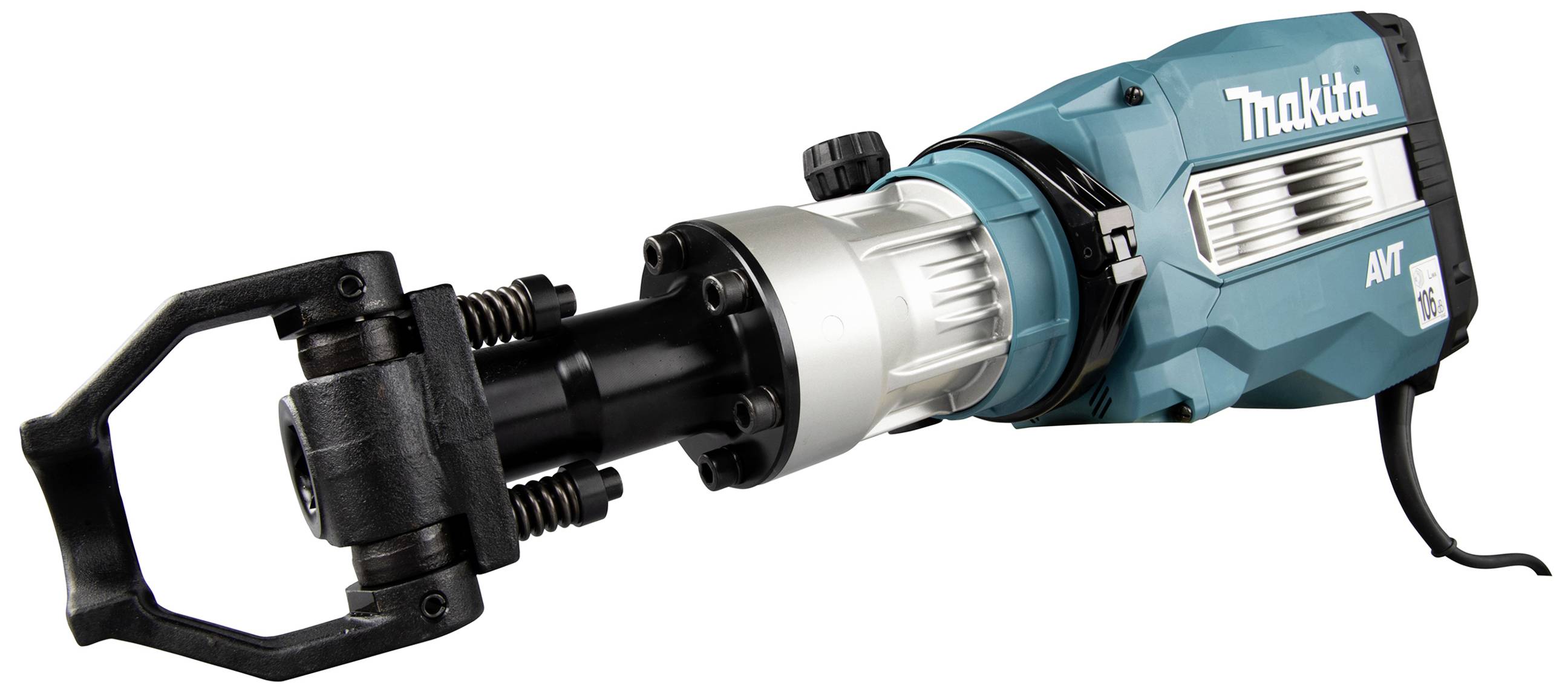 'Bohrhammer mit blauem Gehäuse und schwarzem Griff, geeignet für schwere Bauarbeiten.'