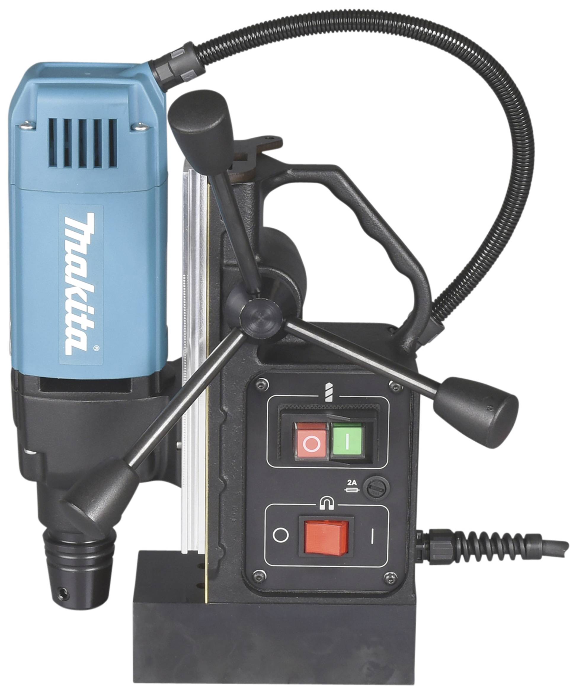 'Magnetbohrmaschine mit blauer Motorabdeckung und Bedienelementen, zeigt Schalter und Knöpfe für Betrieb und Einstellungen.'