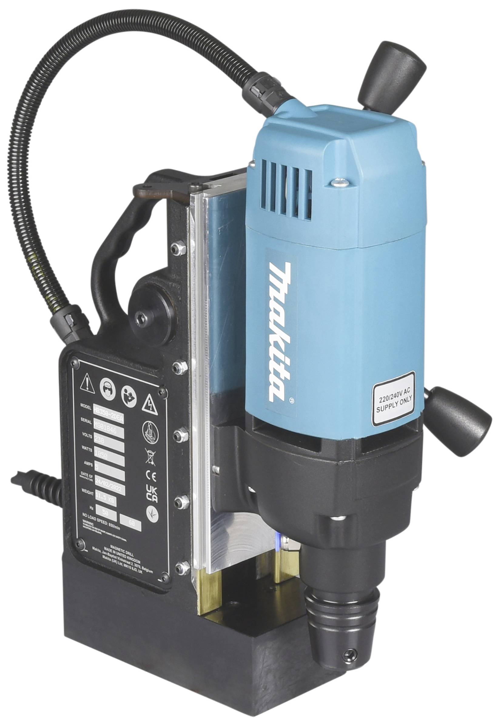 Blaue Magnetbohrmaschine mit vertikalem Handgriff und schwarzem Sockel. Hersteller-Logo auf der Oberseite.