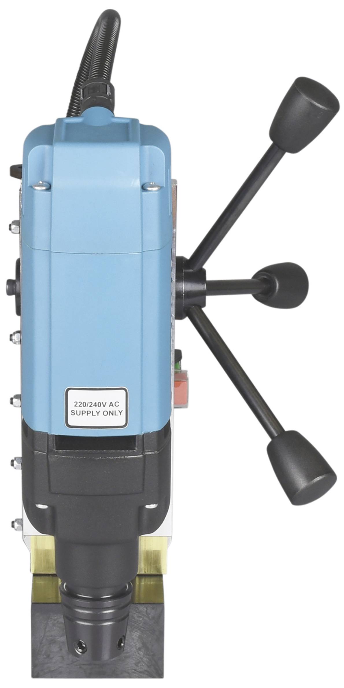 Bohrmaschine mit drei Hebeln, blauer Gehäuseabdeckung. Stromversorgung: '220/240V AC'.