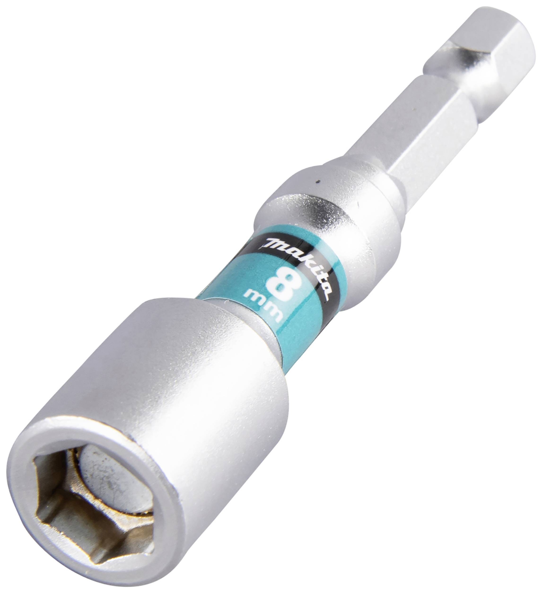 Ein silberner Schraubendreheraufsatz mit einer 8 mm Sechskantöffnung, geeignet für Bohrmaschinen.