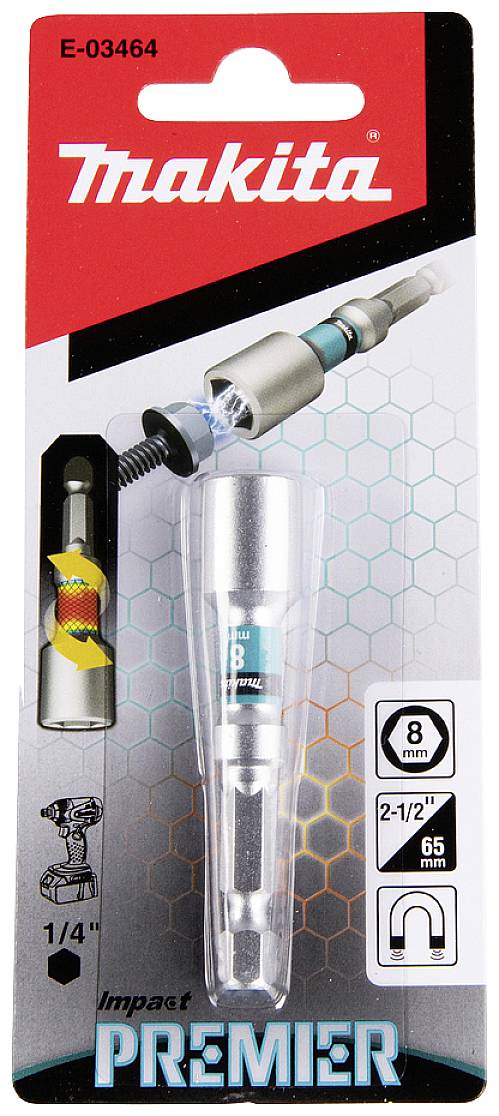 Verpackung von Makita Impact Premier Stecknuss, Größe 8 mm. Zeigt ein Produktbild mit Details zur Verwendung und Kompatibilität.