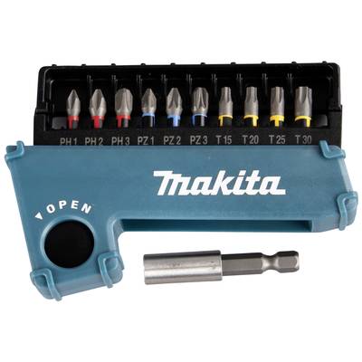 Elf-teiliges Schraubendreher-Bitset von Makita, inklusive verschiedenen Philips- und Torx-Bits, mit 'Open'-Anzeige auf der Hülle.