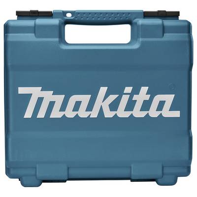 Ein türkisfarbener Makita-Werkzeugkoffer mit Griff, auf dem prominent das weiße 'Makita'-Logo auf der Vorderseite prangt.