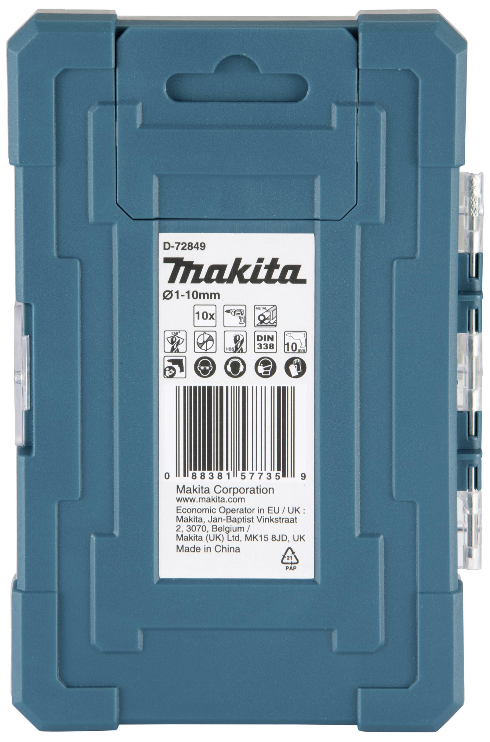 Grünes Etui von Makita mit einer Grafik und Angaben zu enthaltenen Bohrern der Größe Ø1-10 mm. Enthält Produktinformationen und Symbole.