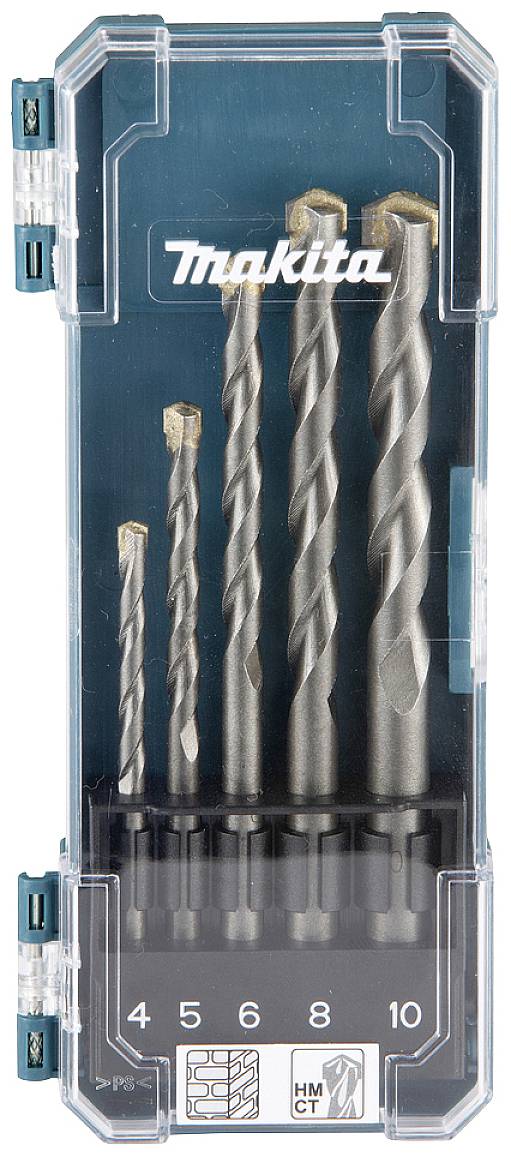 Ein Bohrer-Set in einem transparenten Etui, enthält fünf Stahlbohrer unterschiedlicher Größe, der größte ist 10 mm.