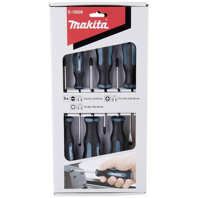 Verpackung eines Schraubendreher-Sets der Marke Makita mit sechs verschiedenen Schraubendrehern. Enthält Größen- und Typenangaben.