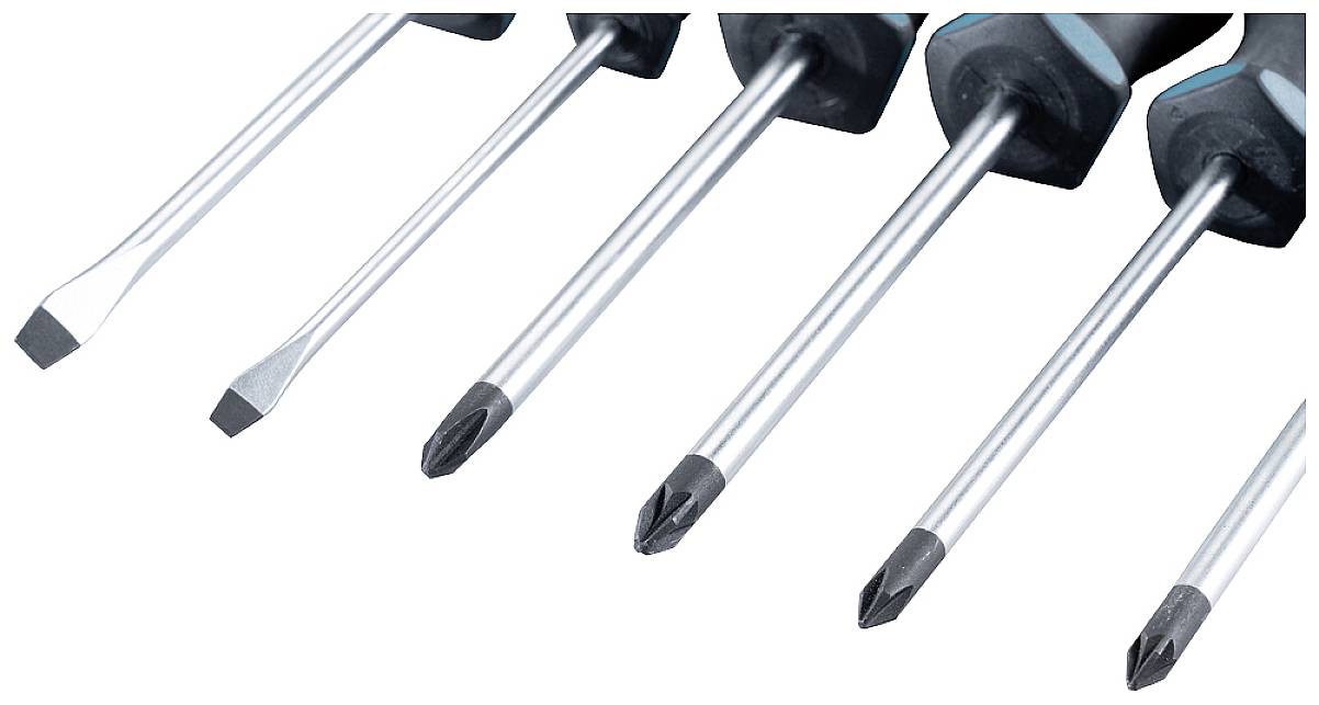 Ein Set von sechs Schraubenziehern mit unterschiedlichen Spitzen: drei flache und drei kreuzförmige.
