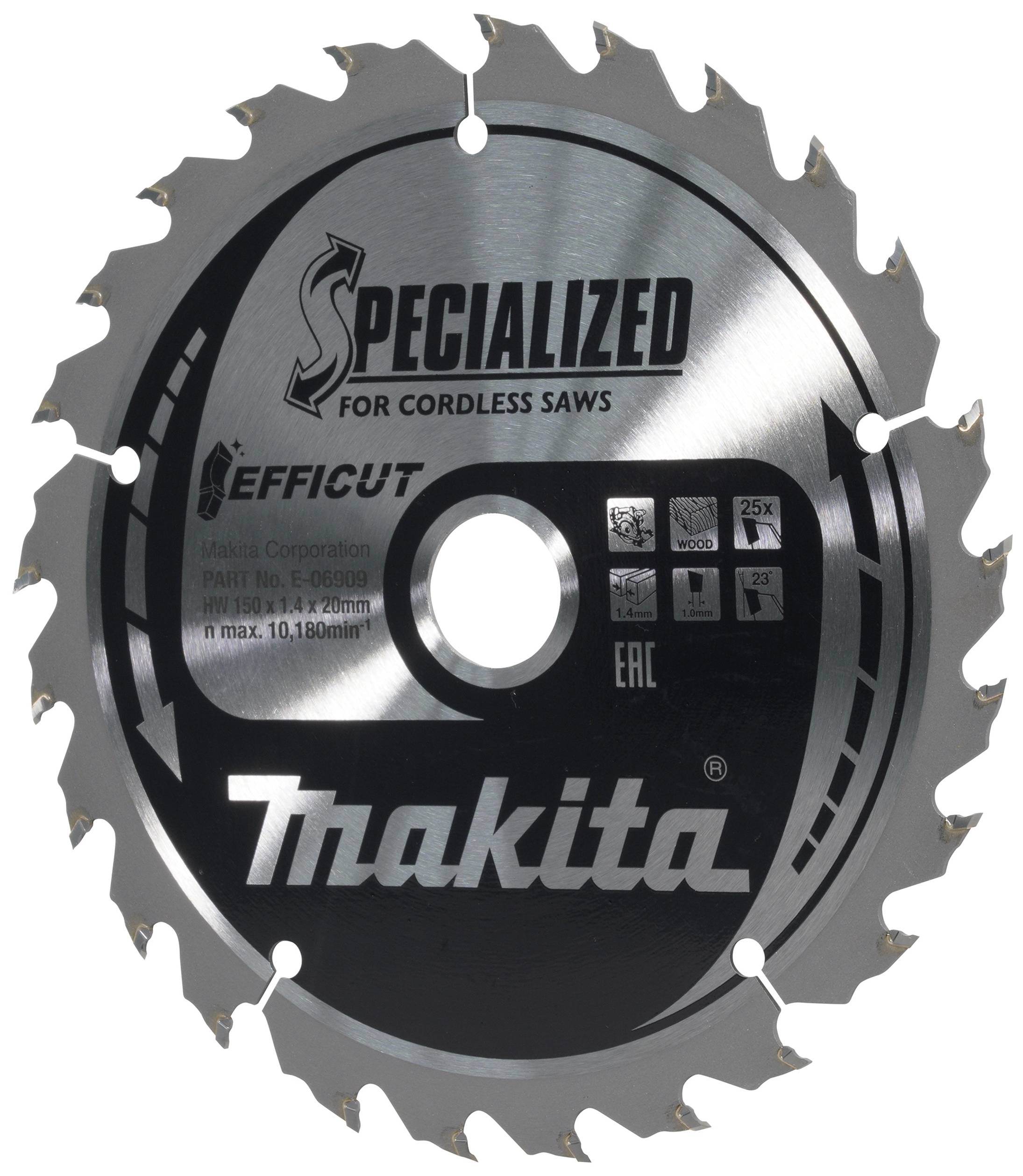 Bild einer Kreissägeklinge mit dem Schriftzug 'Specialized for Cordless Saws', Markenname 'Makita'.