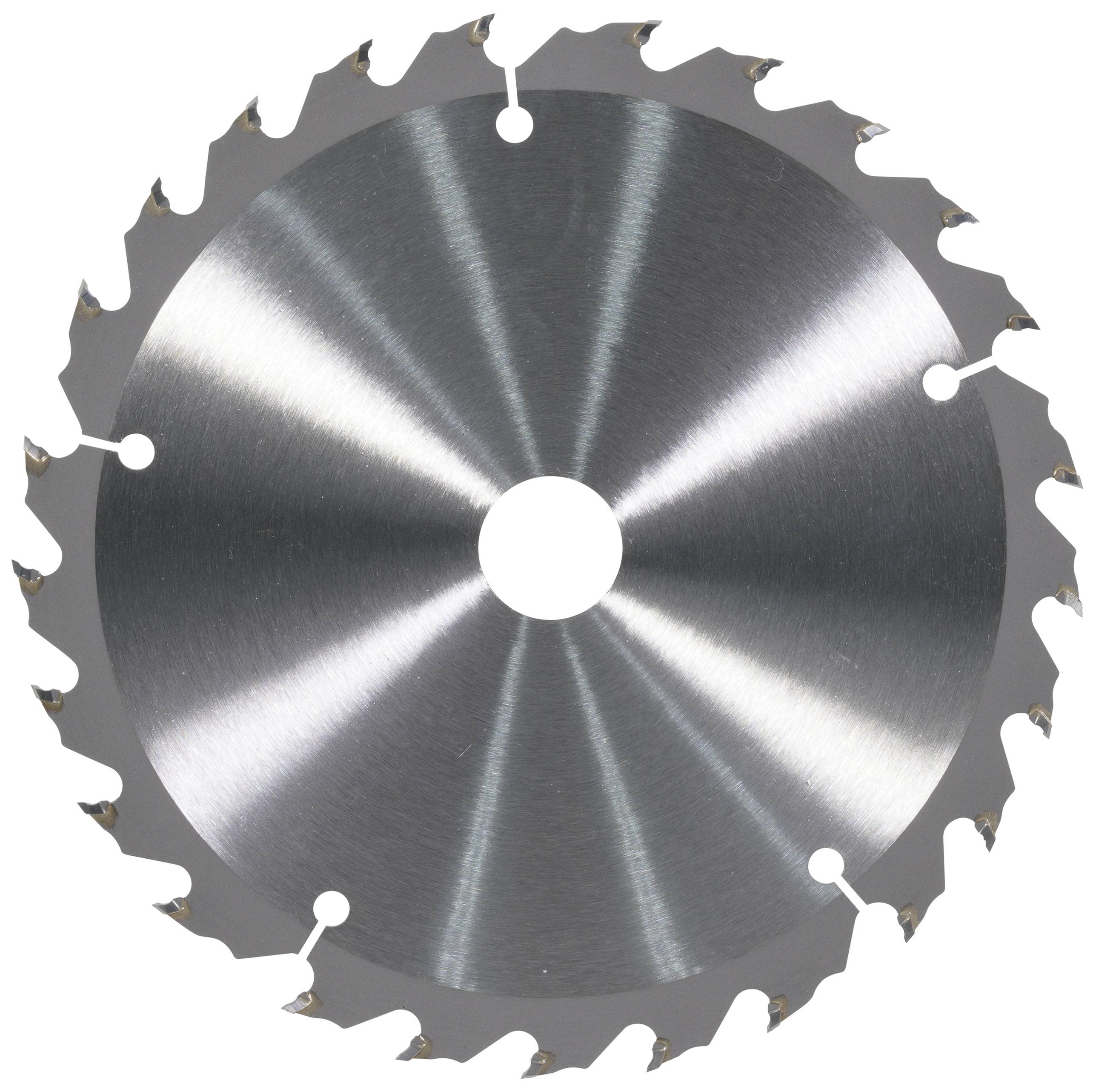 Ein rotierendes Sägeblatt aus silbernem Metall mit gezackten Zähnen, geeignet für schnelles Schneiden von Holz.