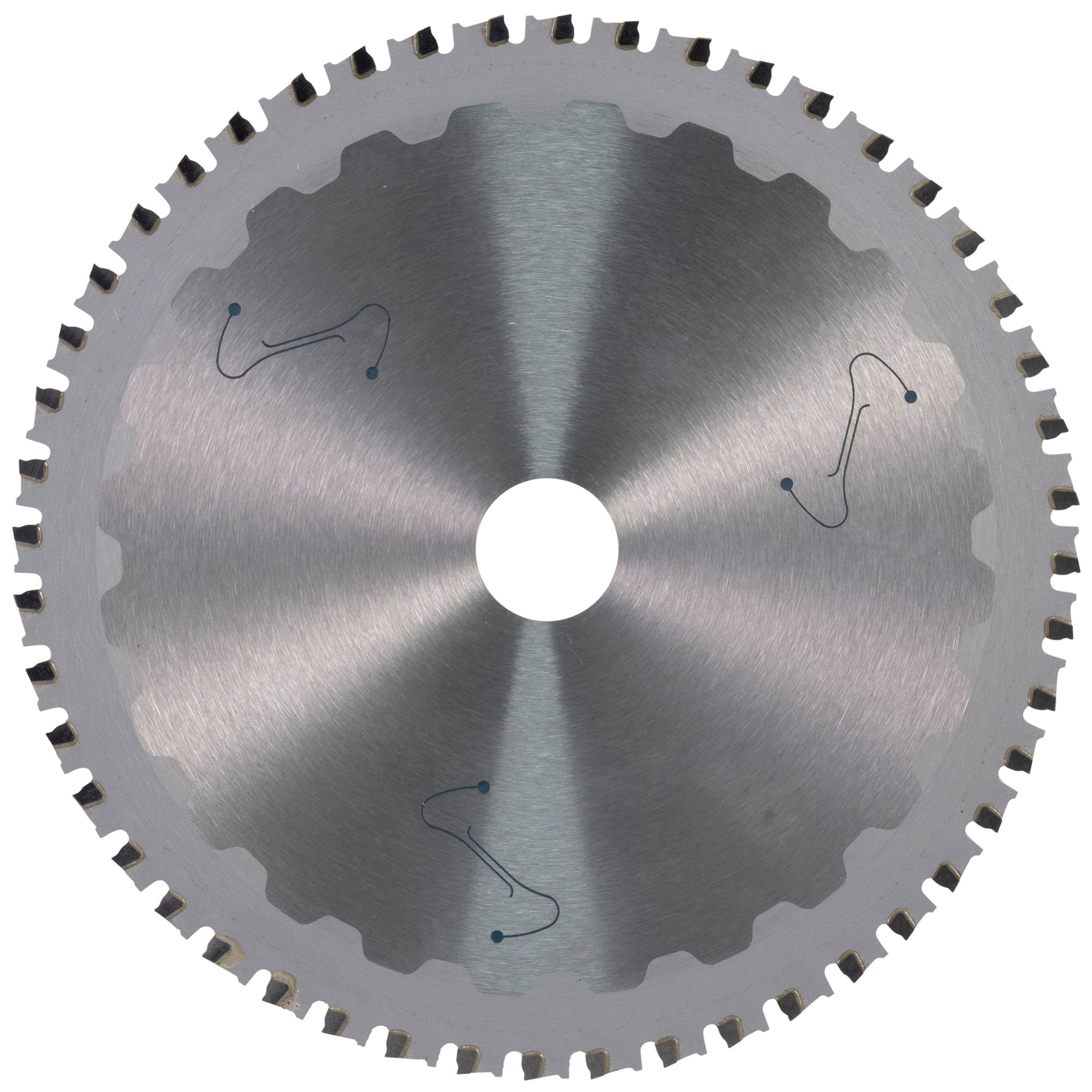 Ein rundes Sägeblatt mit gleichmäßig verteilten Zähnen. Die Oberfläche reflektiert Licht. Es gibt keine weiteren sichtbaren Details.