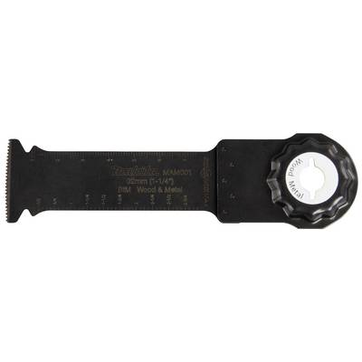 Ein schwarzes Multifunktionswerkzeugblatt mit 32 mm Breite, geeignet für Holz und Metall, mit Skala und Einstellrad.