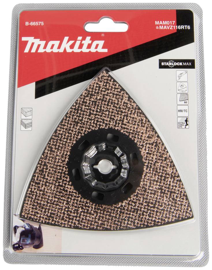 Verpackung eines Makita Schleifpads in dreieckiger Form, kompatibel mit 'Starlock Max', abgebildet mit Produktzeichnungen und Kompatibilitätsinformationen.