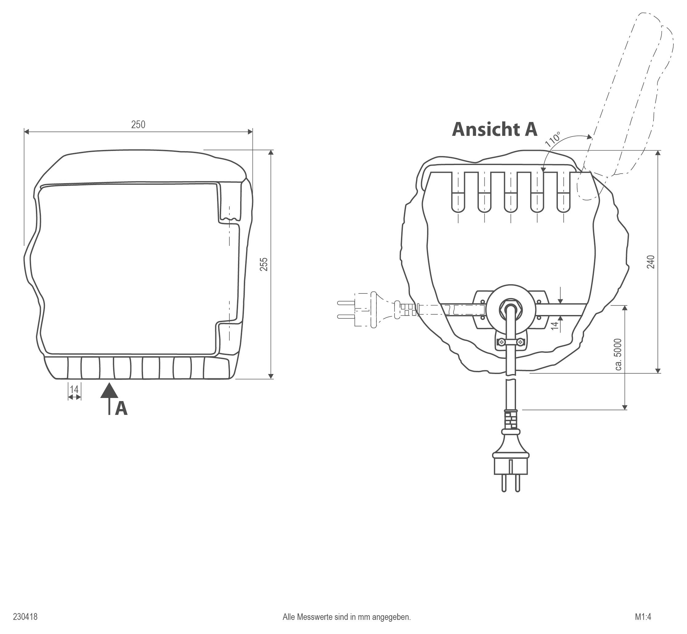 Technische Linienzeichnung, die ein Gerät in zwei Ansichten zeigt: Vorderansicht mit den Abmessungen 250 mm × 265 mm und „Ansicht A" Seitenansicht mit einer 110°-Neigung und 500 mm Kabel-/Ständerlänge.