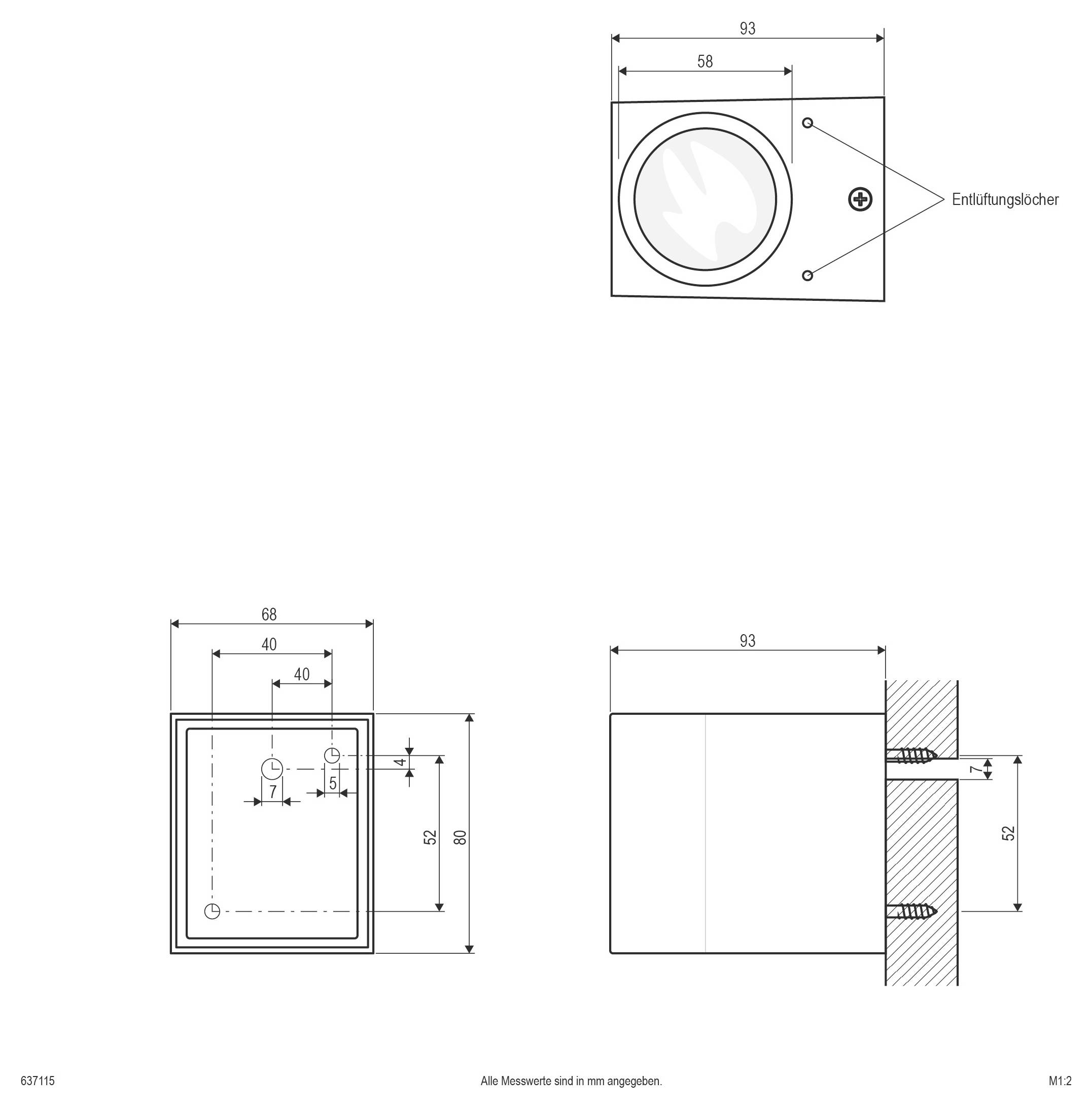 Technische Maßzeichnung einer wandmontierten Einheit, die Vorder-, Seiten- und Rückansichten mit beschrifteten Befestigungs- und Lüftungslöchern in Millimetern zeigt.