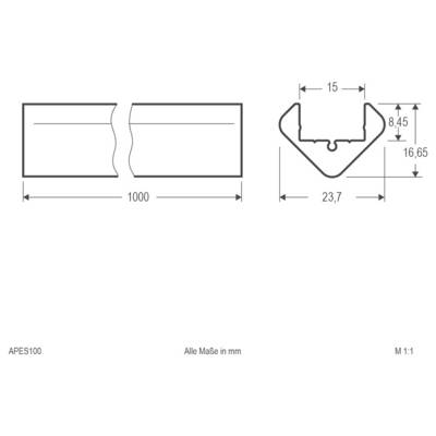 Technische Zeichnung eines 1000 mm langen Teils mit V-förmigem Querschnitt; wichtige angegebene Abmessungen sind 15, 8,45, 16,65 und 23,7 mm.