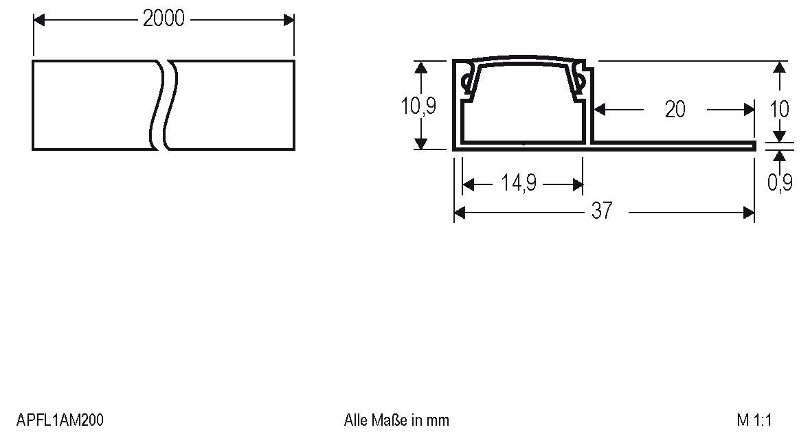 Technische Zeichnung eines geteilten rechteckigen Profils mit einer Gesamtbreite von 2000 mm und Querschnittsabmessungen, einschließlich einer Basisbreite von 37 mm und einer Höhe von 10,9 mm.