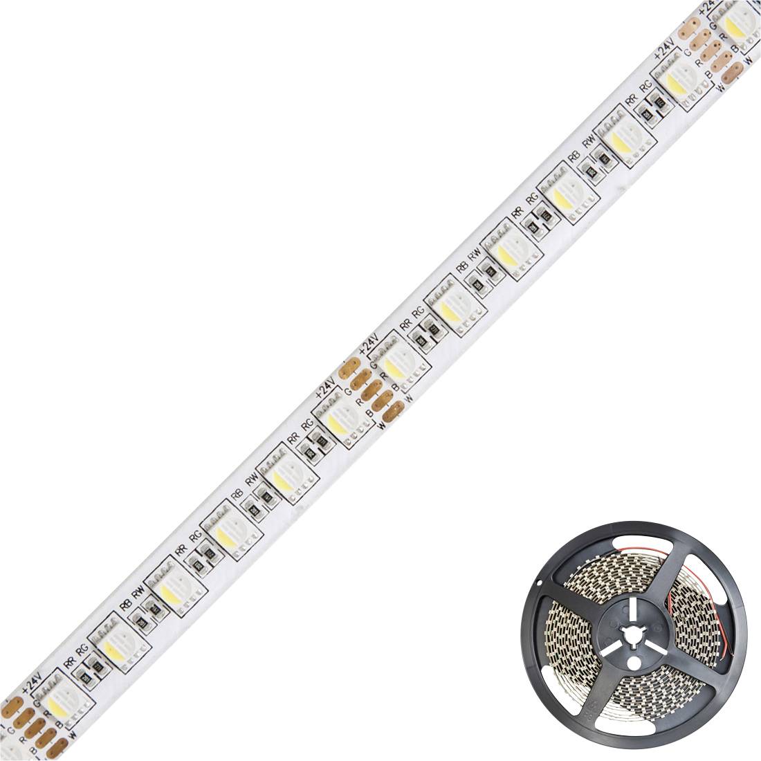 LED-Streifenlicht auf einer Spule, das einen flexiblen weißen Schaltungsstreifen mit SMD-LEDs und Anschlüssen vor weißem Hintergrund zeigt.