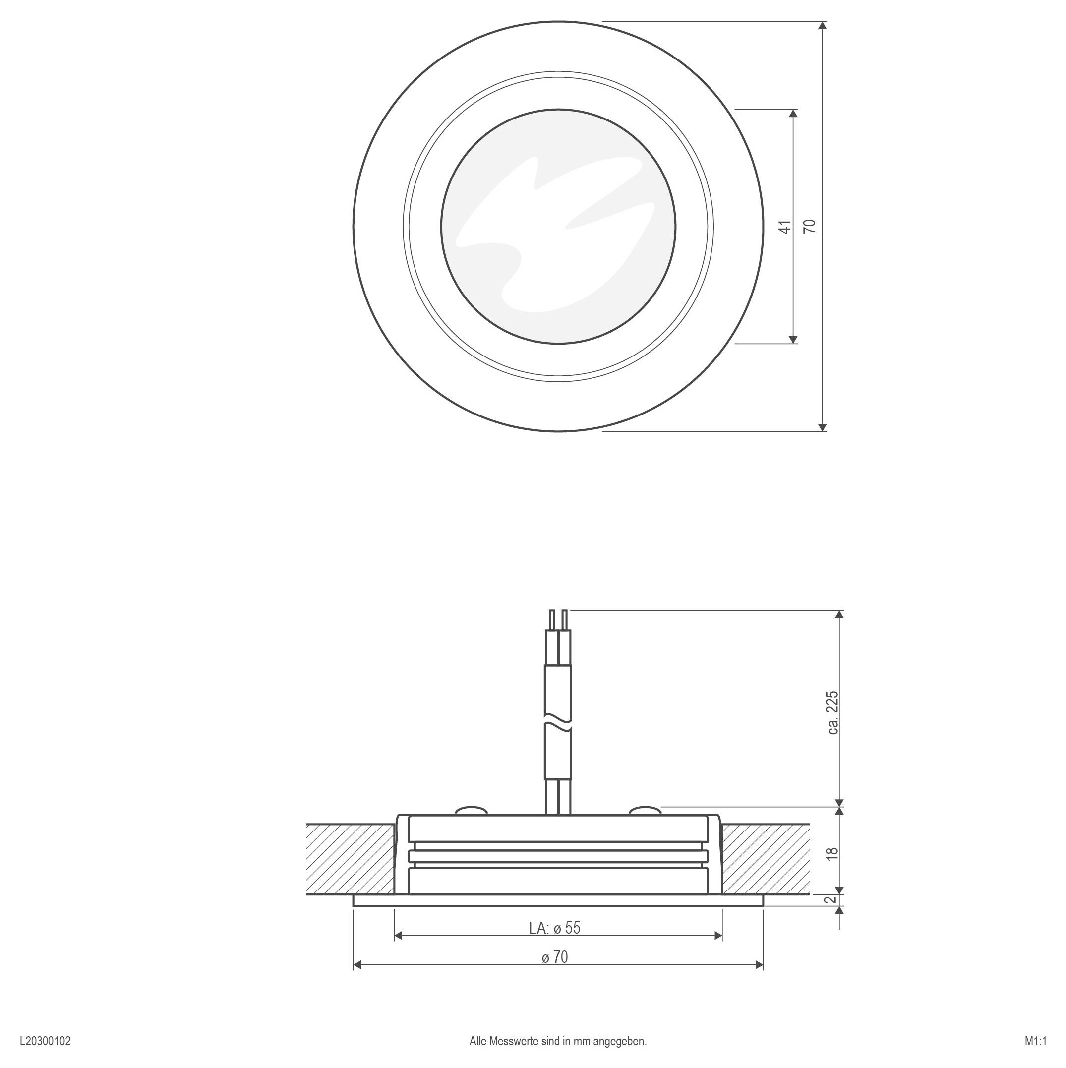 Technische Zeichnung einer runden, bündig eingebauten Leuchte mit Draufsicht und Seitenansicht sowie Abmessungen, einschließlich eines Durchmessers von 70 mm und einer Montagegröße von 55 mm.