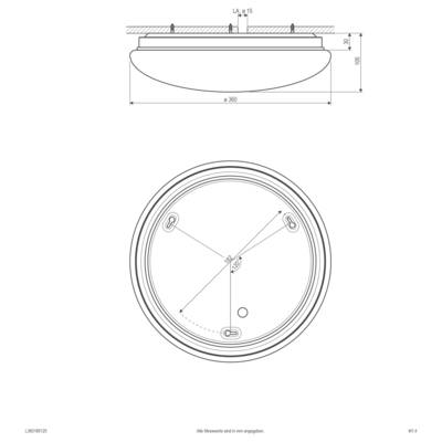 Technische Zeichnung einer runden Deckenleuchte mit Vorder- und Seitenansicht, die Abmessungen von 180 mm Breite und 160 mm Höhe zeigt.