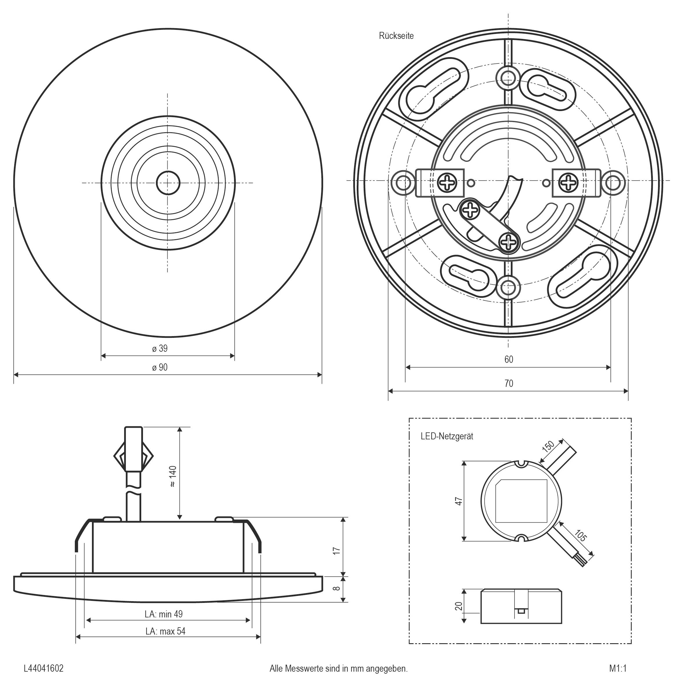 Technische Zeichnung einer runden LED-Deckenleuchte mit Vorder-, Rück- und Seitenansicht mit Abmessungen und Montageeigenschaften.