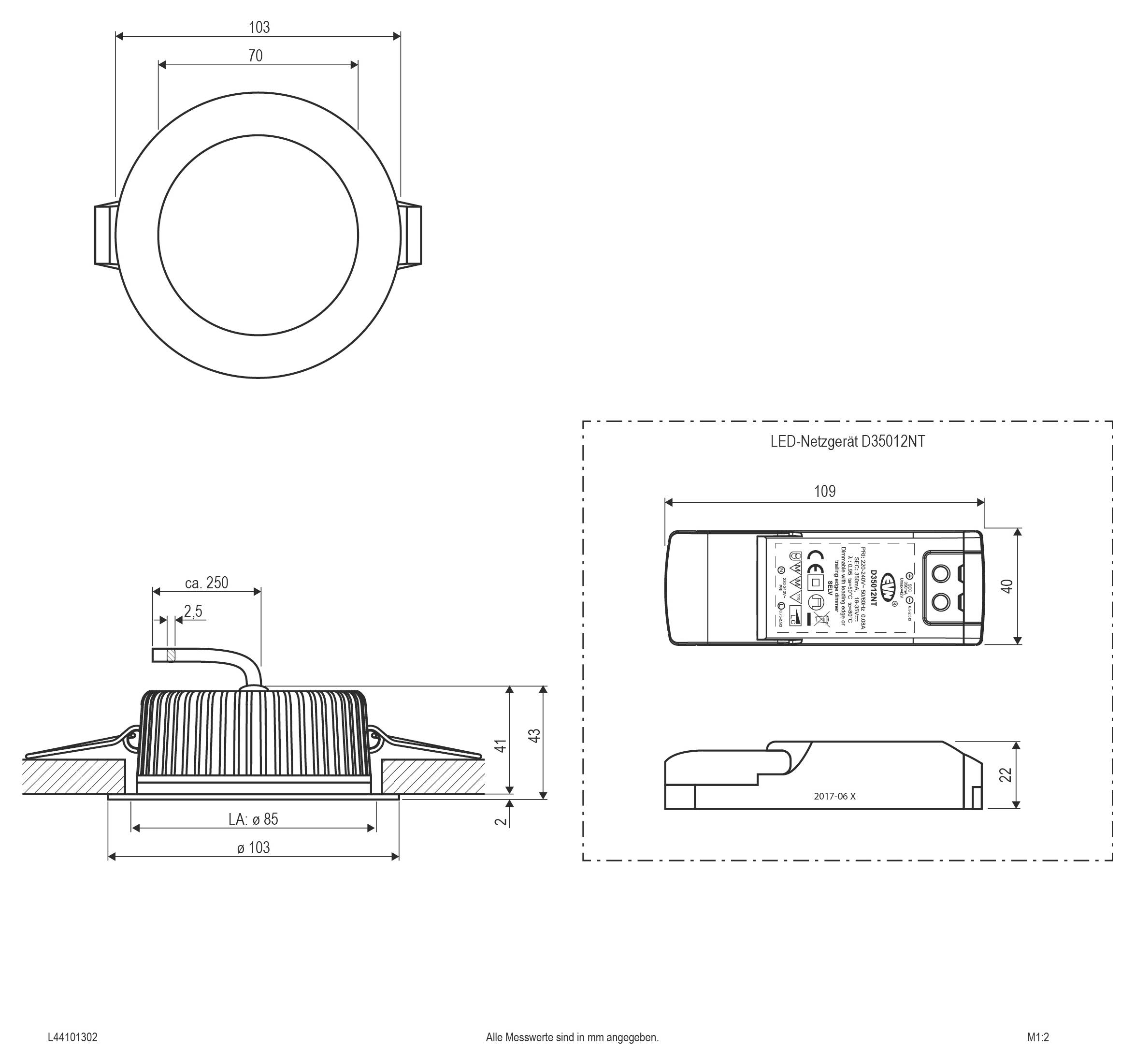 Technische Zeichnung einer runden LED-Einbaudownlight mit Draufsicht, Seitenansicht und Vorderansicht, showing Abmessungen und Treibermodul-Messungen.
