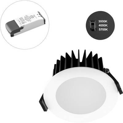 Eingelassene LED-Einbauleuchte mit geripptem Kühlkörper und Seitenklemmen; Ausschnitt zeigt Treiber und einen Schalter für 3000K, 4000K oder 5700K Farbtemperatur.