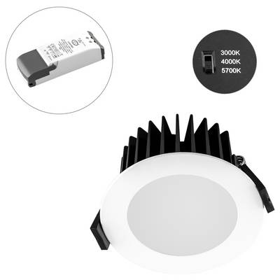 Rundes, flach eingelassenes LED-Einbauleuchte mit separatem Treiber und Schalter für 3000K, 4000K oder 5700K Farbtemperatur.