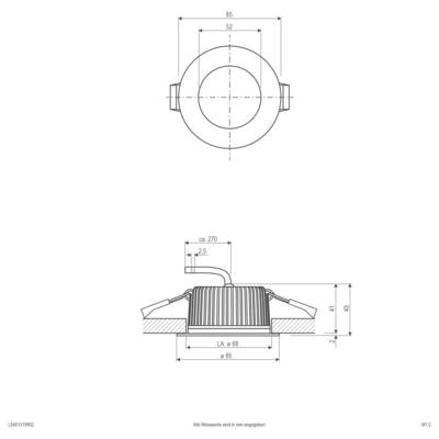 Technische Zeichnung einer runden, eingelassenen Leuchte mit Draufsicht und Seitenansicht, die Abmessungen in Millimetern und eine Ausschnitt-/Einbauhöhe von etwa 41–43 mm zeigt.